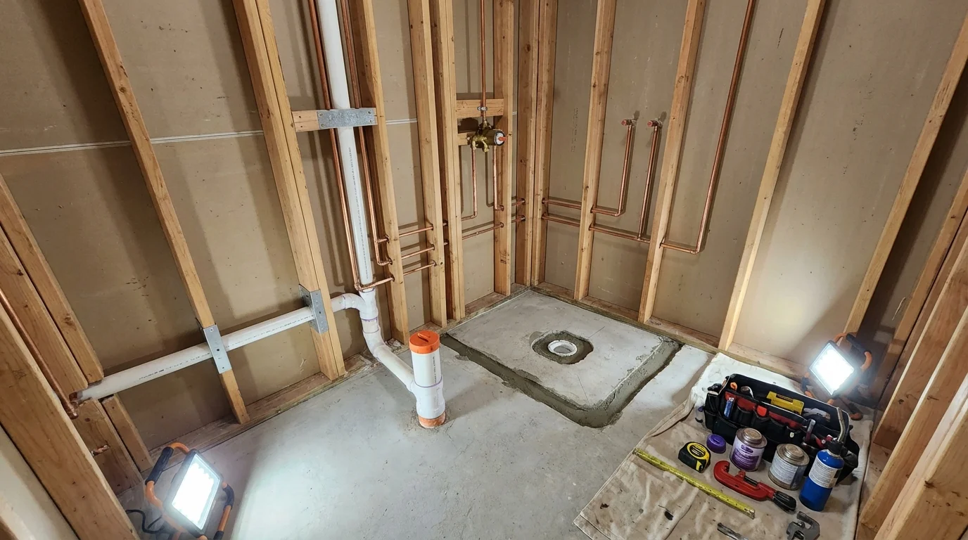 Bathroom rough-in plumbing during remodel by Johns Plumbing LLC in Dermott