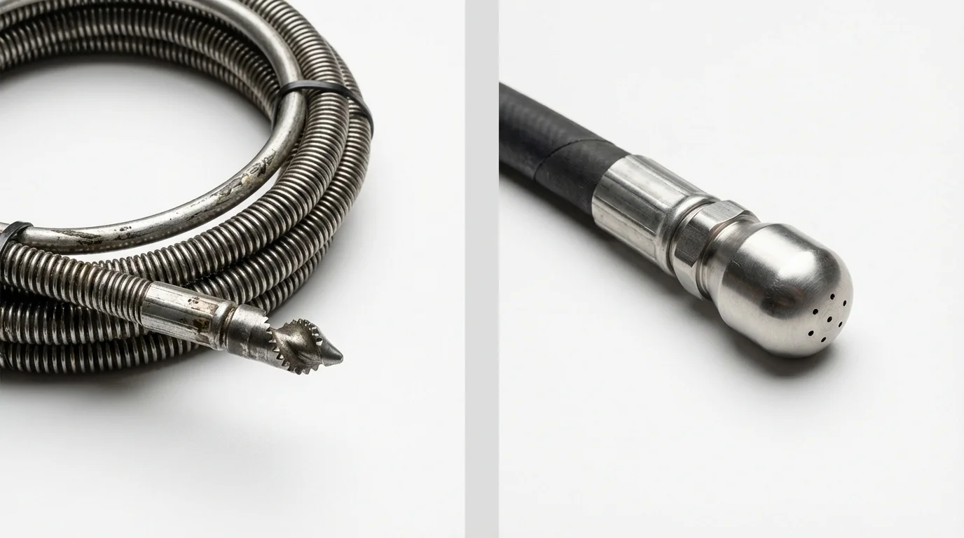 Drain snake cable and hydro jetting nozzle used for drain cleaning in Dermott, AR