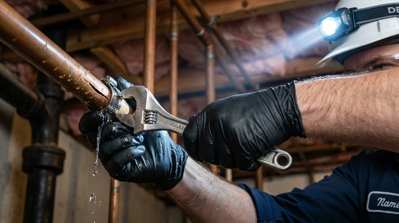 Emergency pipe clamp repair being performed by a Johns Plumbing LLC plumber in Dermott