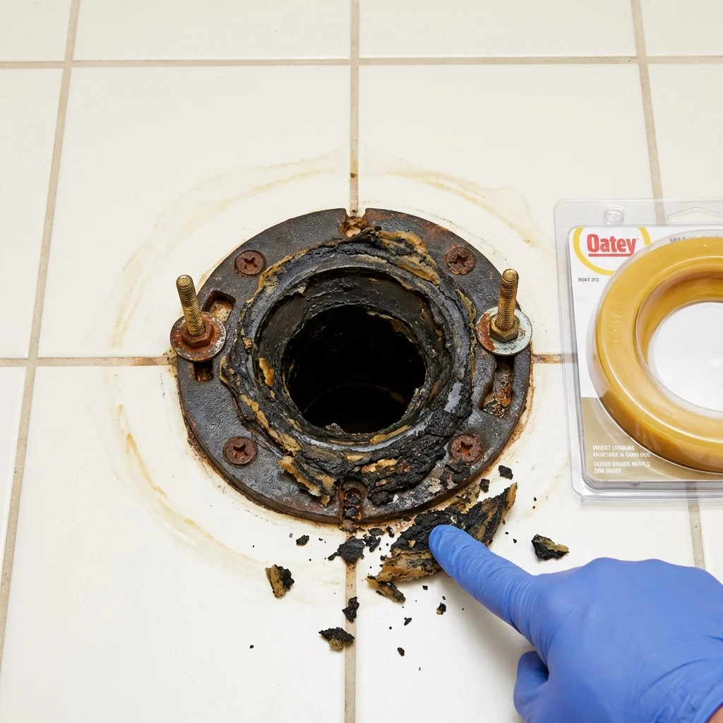 Failed wax ring showing water seepage at the base of a toilet in a Dermott, AR home